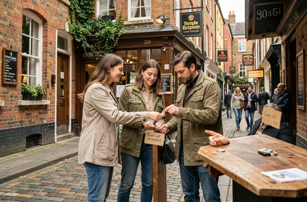 Couple français tentant de payer en euros dans une rue de Temple Bar à Dublin, refus du vendeur