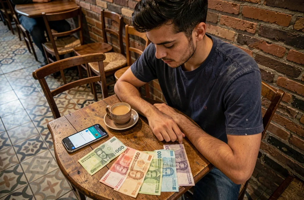 Billets de pesos argentins et application de change de devise sur smartphone dans un café