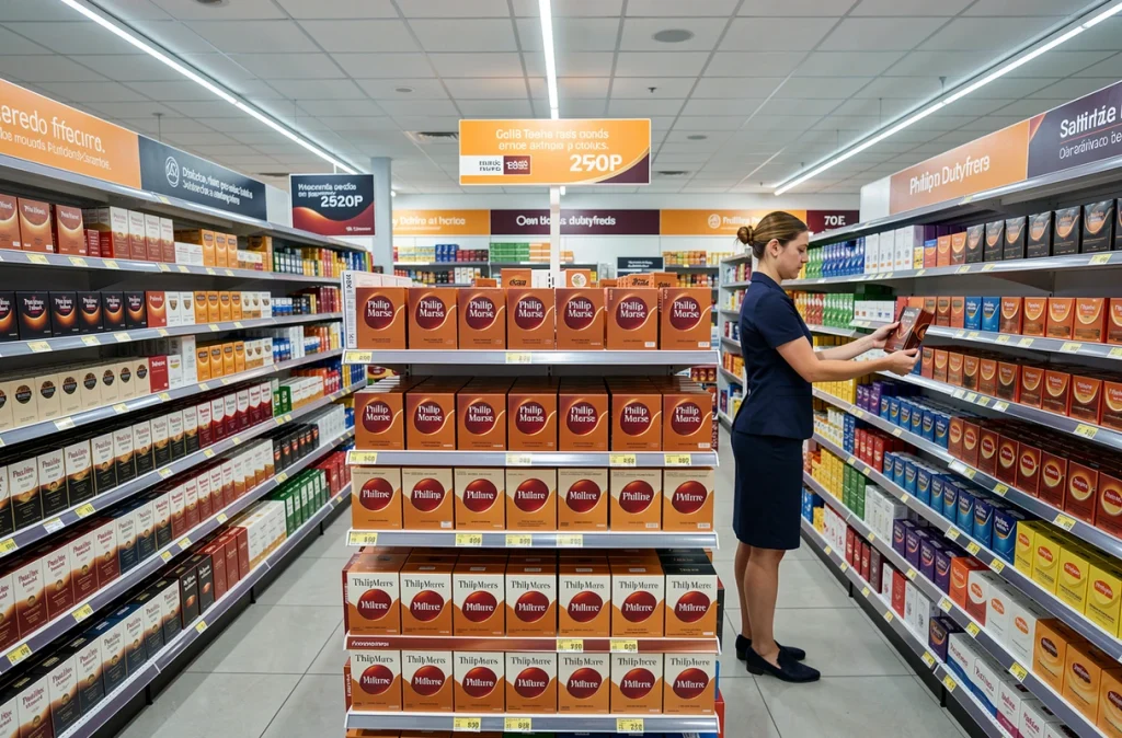 Rayons de cigarettes Philip Morris dans un magasin duty-free espagnol avec étiquettes de prix