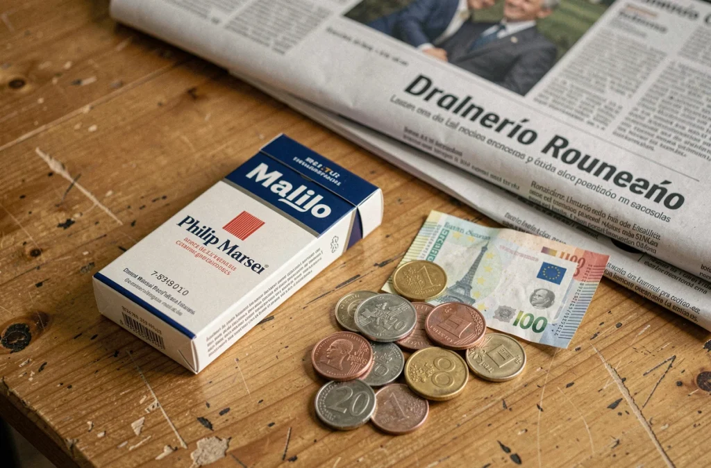 Pack de cigarettes Philip Morris avec des euros sur une table en bois en Espagne