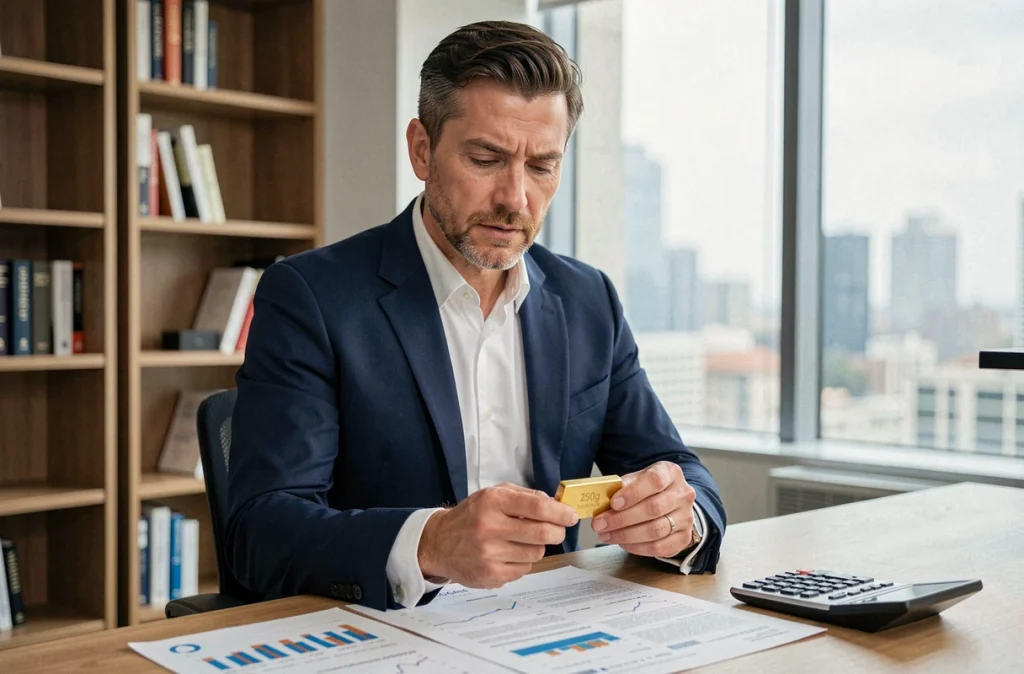 Professionnel en costume tenant un lingot d'or 250g au-dessus de documents financiers dans un bureau moderne