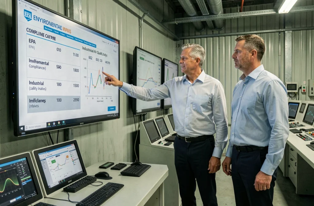 Deux professionnels en salle de contrôle comparant des indicateurs de conformité environnementale EPA et qualité de l'air sur un écran mural dans une installation industrielle