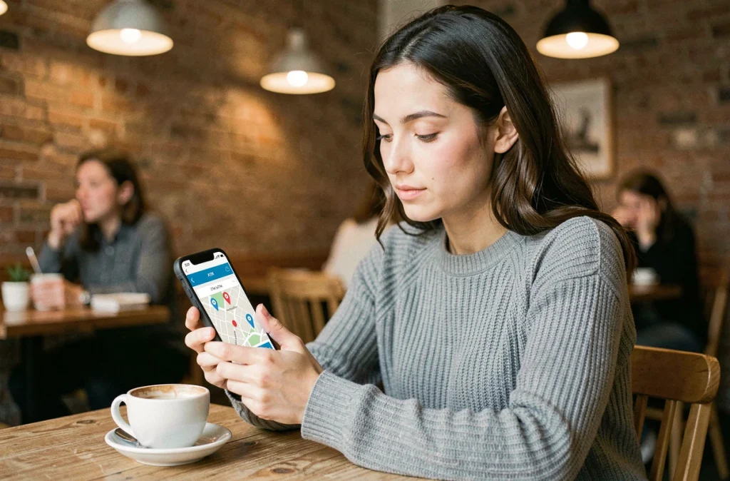 Jeune femme cherchant un distributeur de billets proche sur une application bancaire mobile dans un café