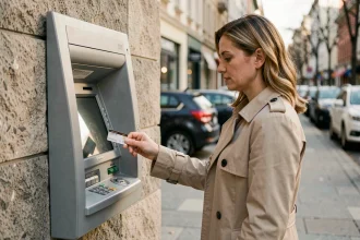 Femme retirant de l'argent à un distributeur automatique extérieur intégré dans un mur en pierre en ville
