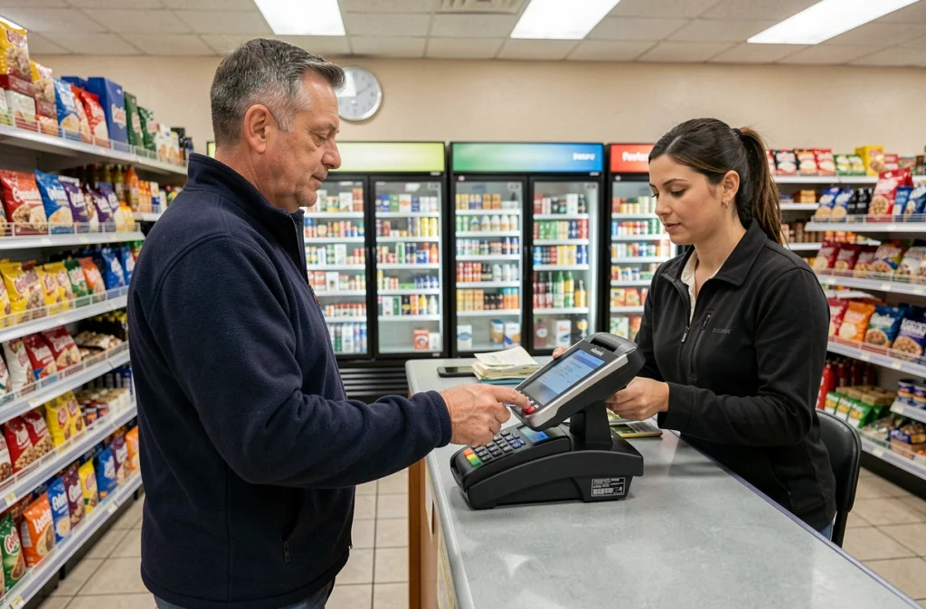 Homme effectuant un retrait d'argent via cashback dans une supérette avec un terminal de paiement