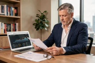 Investisseur immobilier analysant des avis et documents sur les SCPI à son bureau à domicile