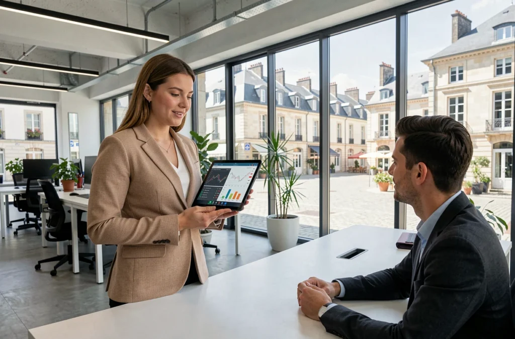 Conseillère d'Apollux Patrimoine présentant des simulations d'investissement sur tablette dans un bureau moderne ouvert avec vue sur une ville de la Loire