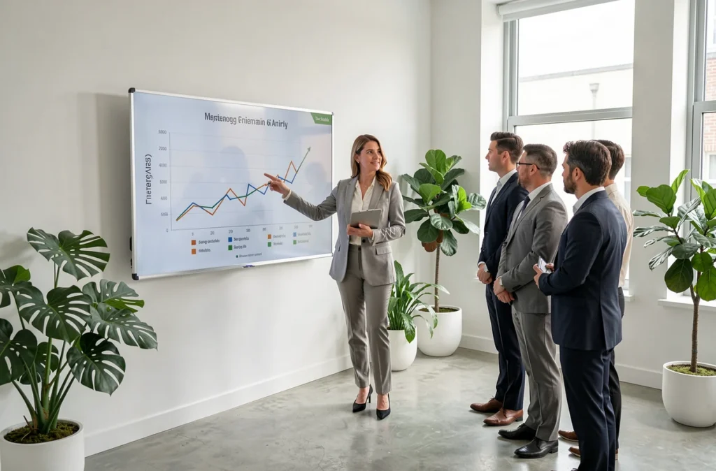 Conseillère financière d'Auguste Patrimoine présentant des graphiques d'investissement à des clients dans un bureau minimaliste moderne