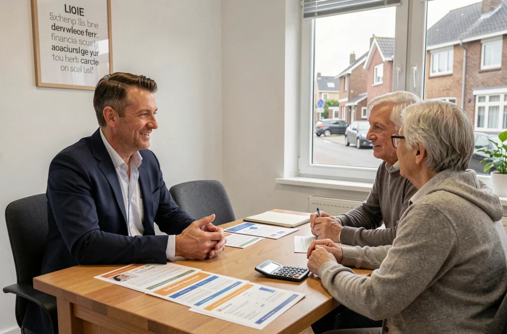 Conseiller d'Avenir et Patrimoine Conseil à Creil présentant des options d'épargne-retraite à un couple de clients
