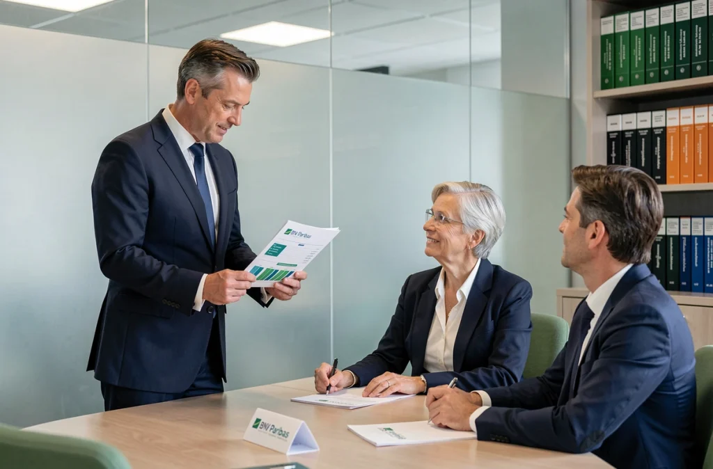 Conseiller BNP Paribas Gestion de Patrimoine dans une agence de l'Oise passant en revue un portefeuille d'investissement avec des clients