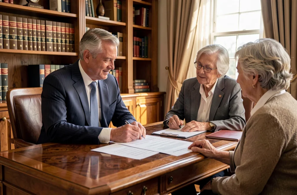 Conseiller du Cabinet Bertrand-Demanes discutant d'un plan patrimonial avec un couple dans un bureau privé au décor classique