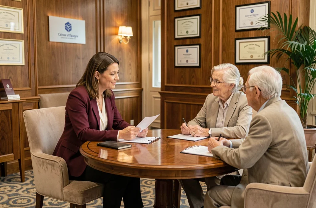 Conseillère du Pôle Banque Privée Oise de la Caisse d'Épargne Hauts de France en consultation avec des clients seniors