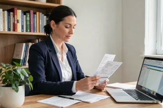 Femme cadre calculant son salaire net en brut sur des fiches de paie à son bureau à domicile