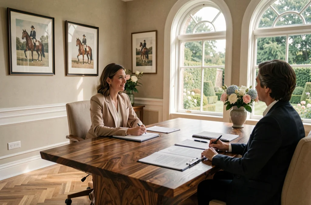Conseillère de Cèdre Patrimoine à Chantilly en consultation patrimoniale dans un bureau élégant avec vue sur jardin