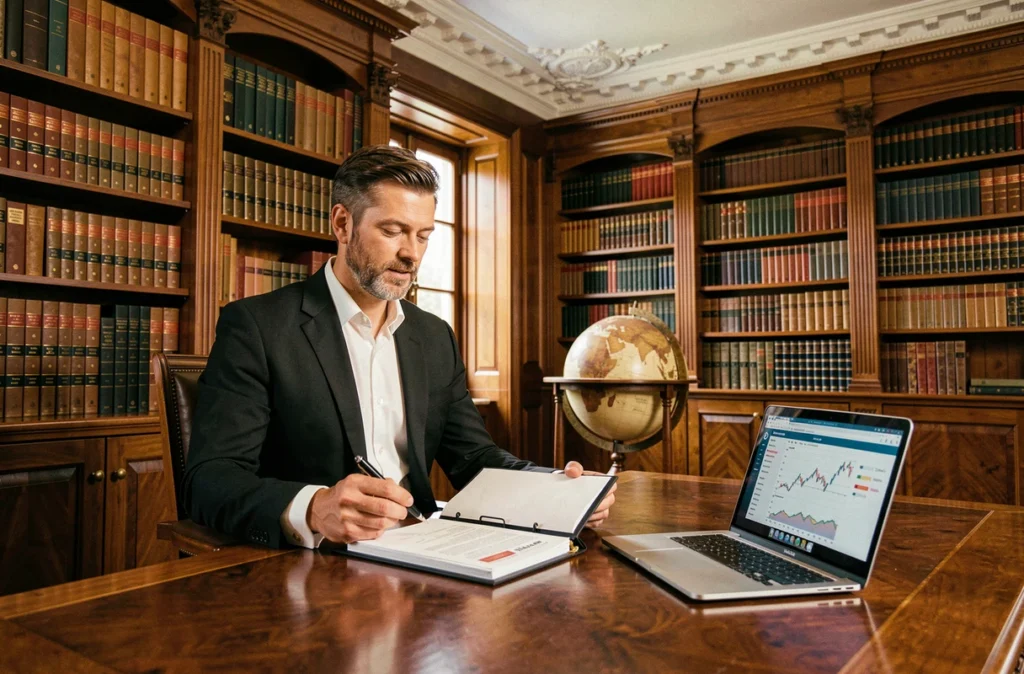 Conseiller Colbert Patrimoine Finance dans un bureau élégant au style patrimonial classique examinant un dossier d'investissement relié