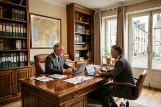 Bureau de conseil en gestion de patrimoine dans l'Oise avec deux professionnels en consultation autour d'un bureau en acajou