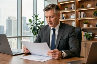 Conseiller financier analysant des documents de SCPI de plus-value dans un bureau moderne avec vue sur la ville