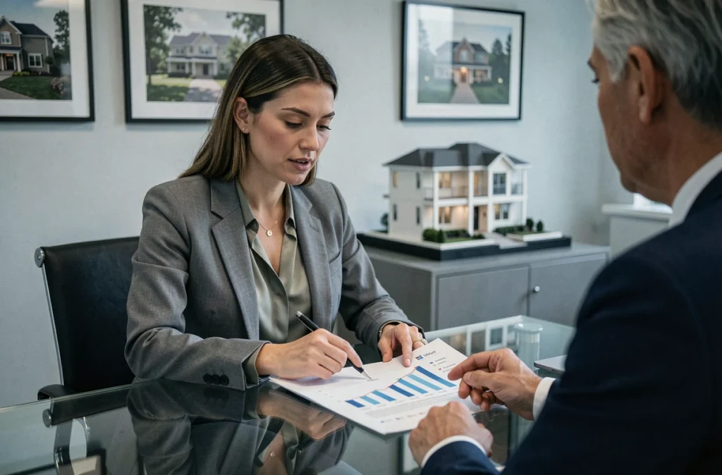 Conseillère financière présentant une stratégie d'investissement en SCPI résidentielle