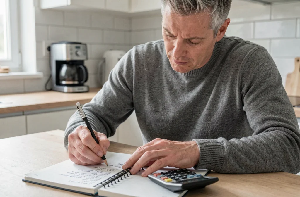 Homme indépendant calculant la conversion salaire brut net avec une calculatrice et un carnet à la cuisine