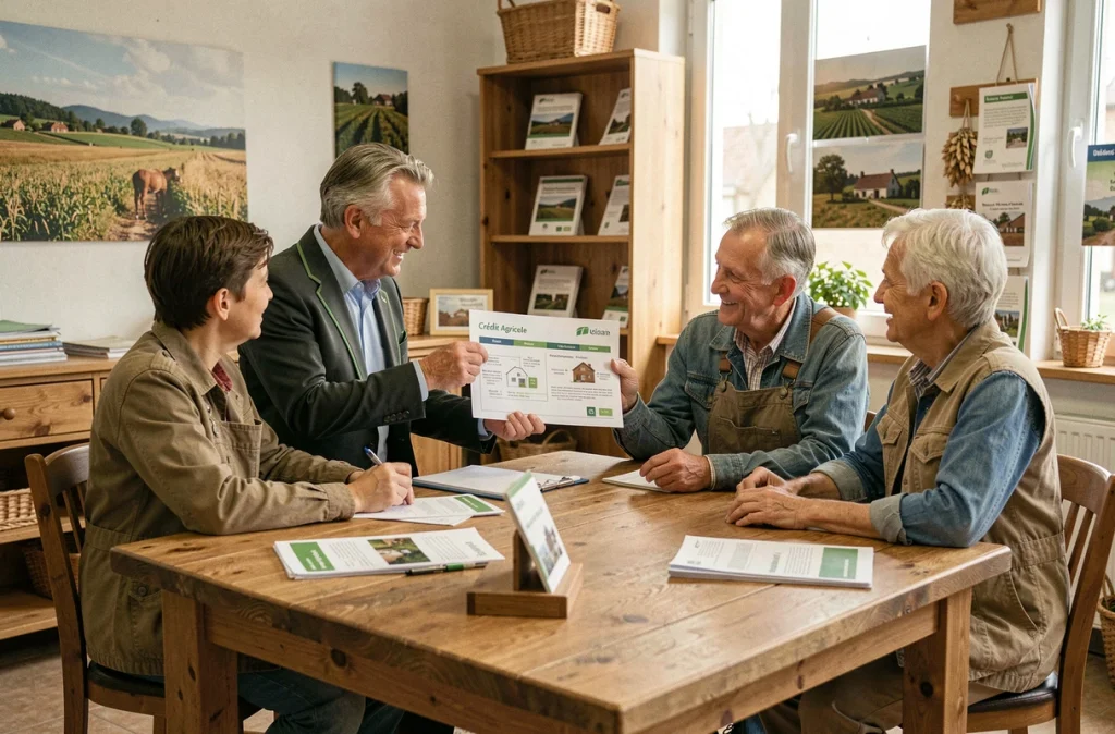 Conseiller patrimonial du Crédit Agricole Brie Picardie en réunion avec une famille rurale dans l'Oise