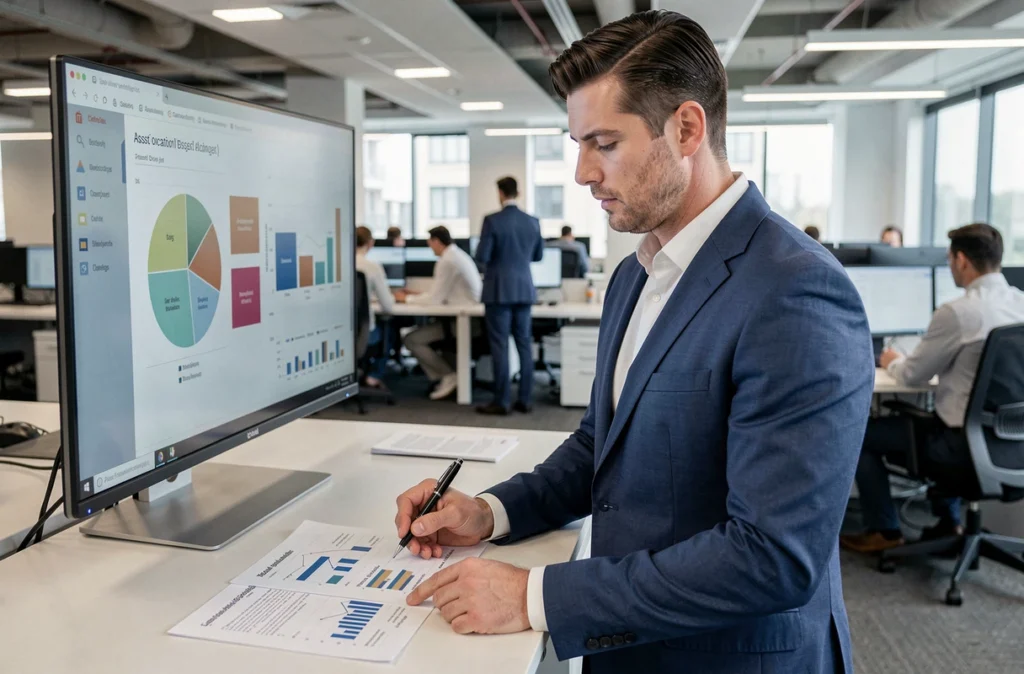Conseiller DBI Patrimoine annotant des feuilles d'analyse financière dans un espace de travail ouvert contemporain avec graphique d'allocation d'actifs à l'écran