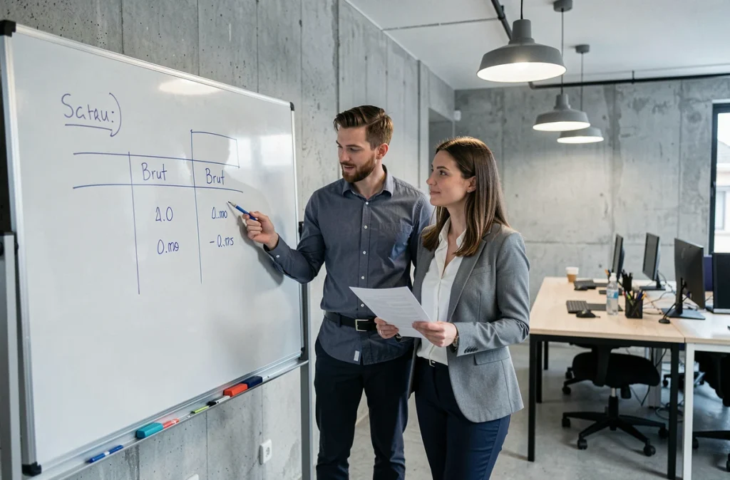 Deux collègues en open space discutant d'un tableau de calcul salaire net brut selon le statut professionnel