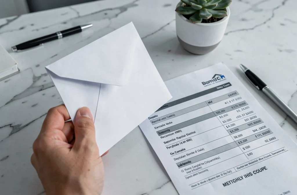 Gros plan d'une enveloppe et d'un relevé bancaire illustrant le versement de loyers mensuels issus d'une SCPI