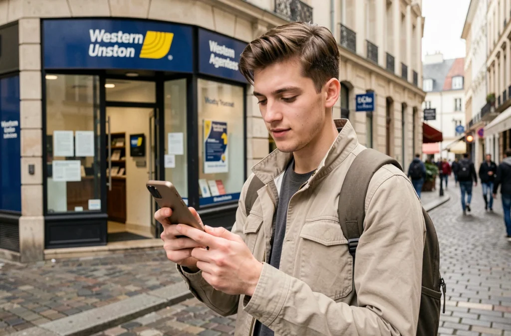 Étudiant international consultant son application Western Union dans une rue européenne pour suivre un transfert d'argent