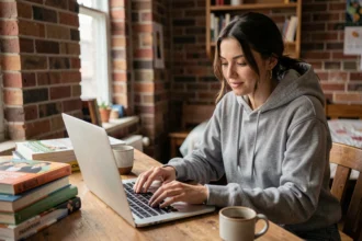 Étudiante à l'étranger vérifiant la réception d'un virement Western Union sur son ordinateur portable dans son appartement universitaire