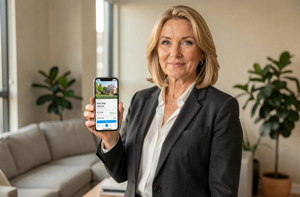 Femme consultant une application d'investissement SCPI sur smartphone dans un appartement moderne
