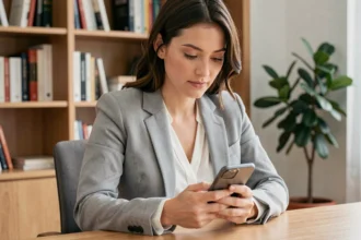 Femme consultant le solde de son épargne salariale CIC sur smartphone au bureau à domicile
