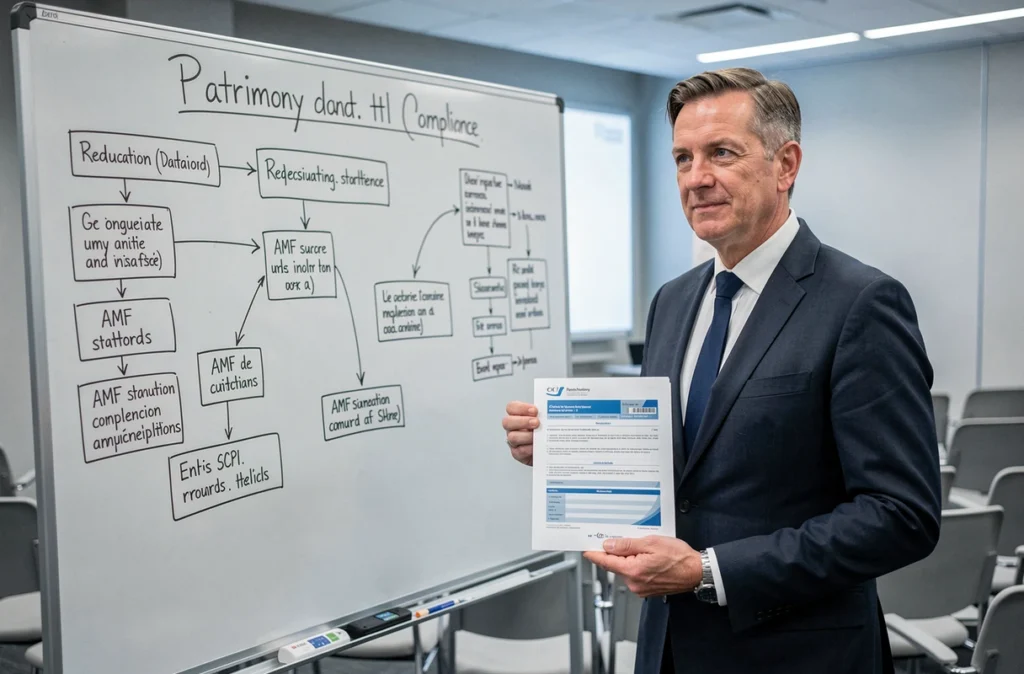 Expert en patrimoine présentant des documents SCPI et des réglementations AMF lors d'un séminaire