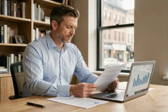 Homme consultant des documents financiers sur une SCPI dans un bureau à domicile moderne