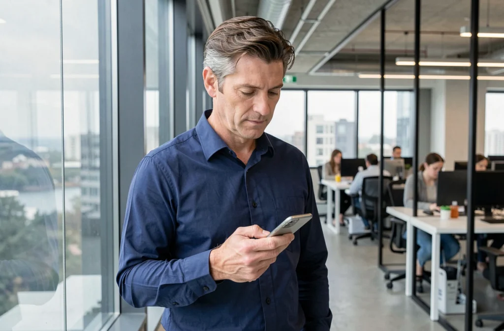 Homme vérifiant son compte épargne salariale CIC sur mobile dans un bureau moderne en open space