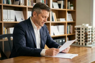 Investisseur prudent analysant des documents de SCPI résidentielle dans un bureau moderne