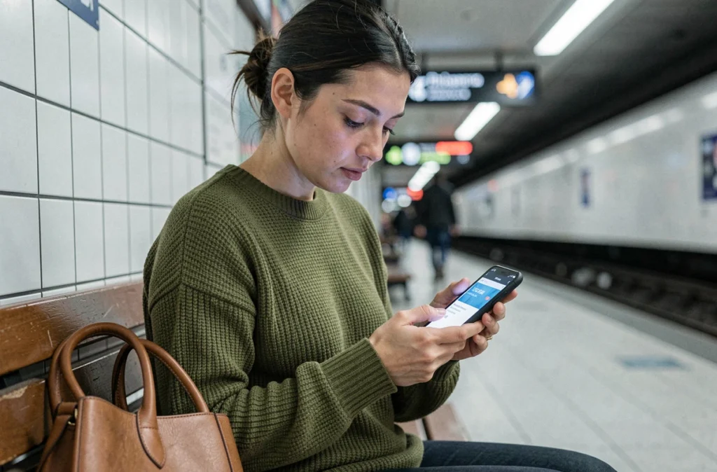 Jeune femme consultant son épargne salariale CIC sur smartphone dans le métro en déplacement