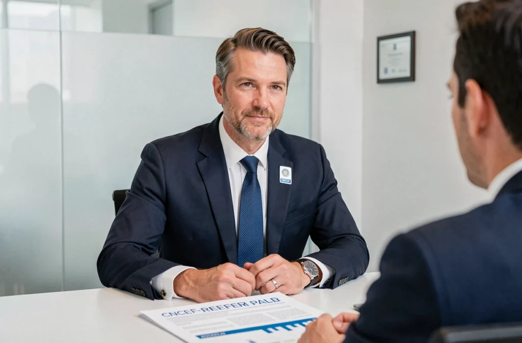 Laurent Charlot, conseiller référencé CNCEF, en consultation dans un bureau professionnel moderne avec document de conseil accrédité sur le bureau