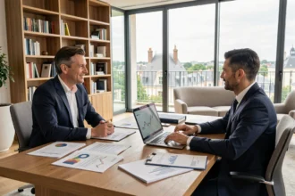 Conseiller financier rencontrant un client dans un bureau moderne des Pays de la Loire avec des documents financiers et graphiques d'investissement