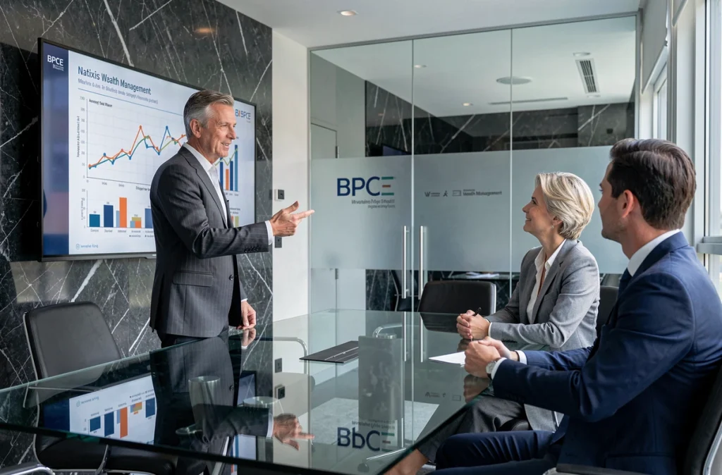 Conseiller Natixis Wealth Management présentant une stratégie d'investissement haut de gamme à des clients entrepreneurs dans l'Oise via BPCE