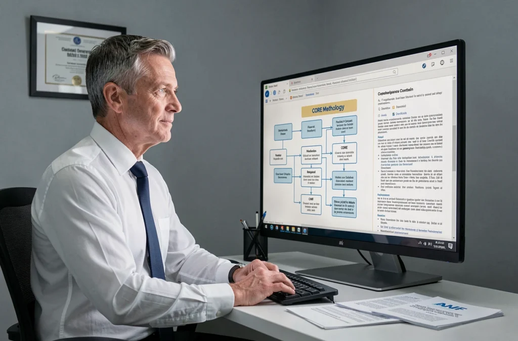 Conseiller financier appliquant la méthode CORE et les exigences de conformité AMF sur son poste de travail