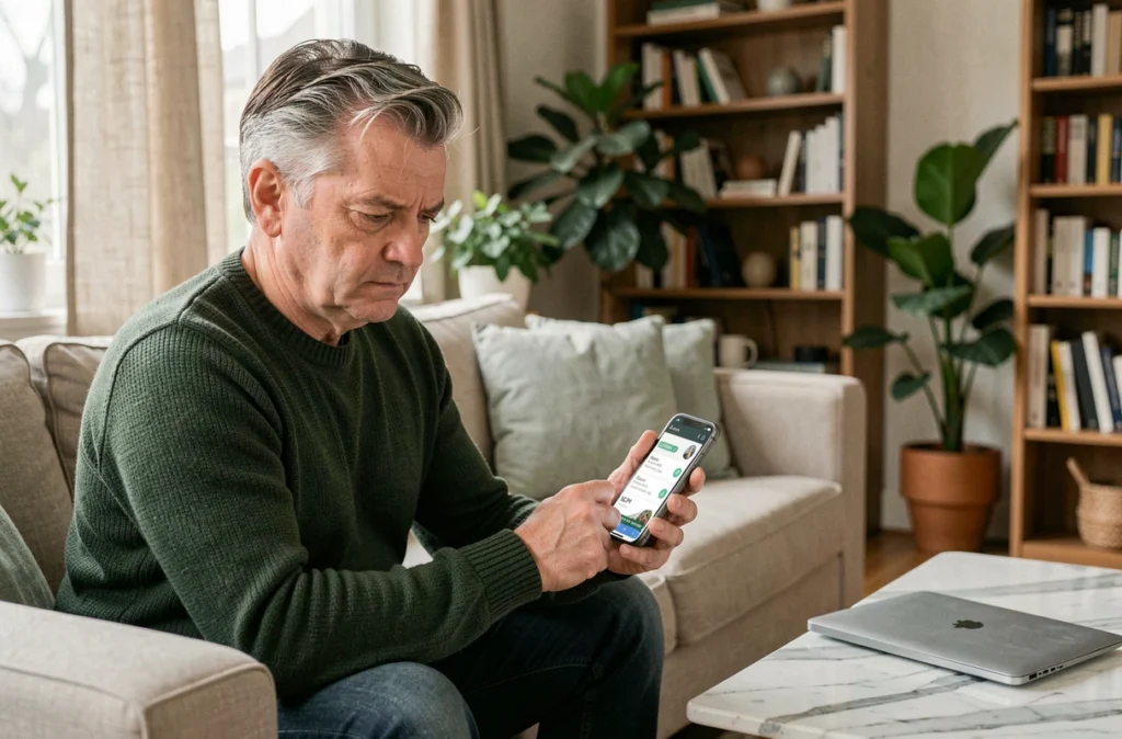 Particulier consultant des avis sur une plateforme SCPI depuis son smartphone dans son salon