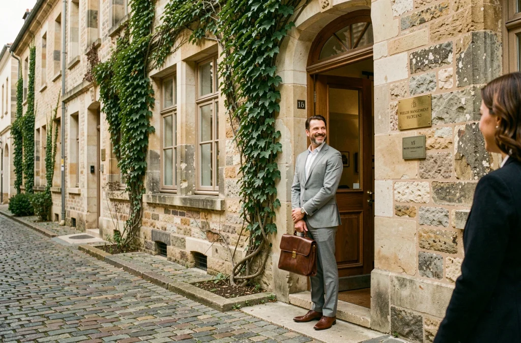 Façade en pierre du bureau Patrimoine Store à Senlis avec un conseiller patrimonial accueillant un client