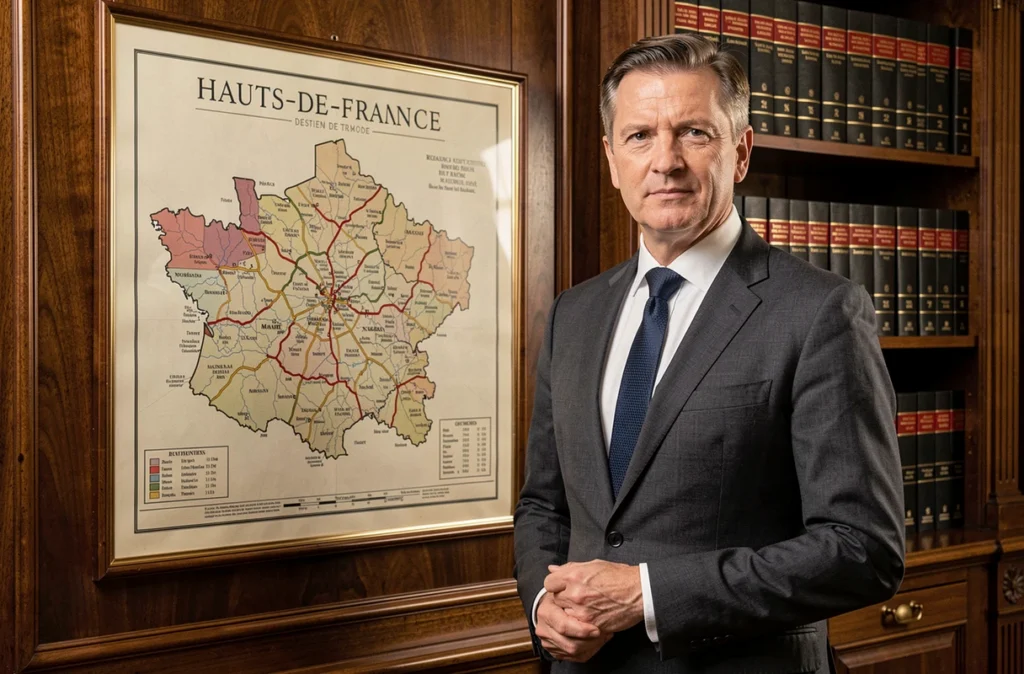 Directeur d'un cabinet de gestion de patrimoine des Hauts-de-France devant une carte régionale dans ses bureaux