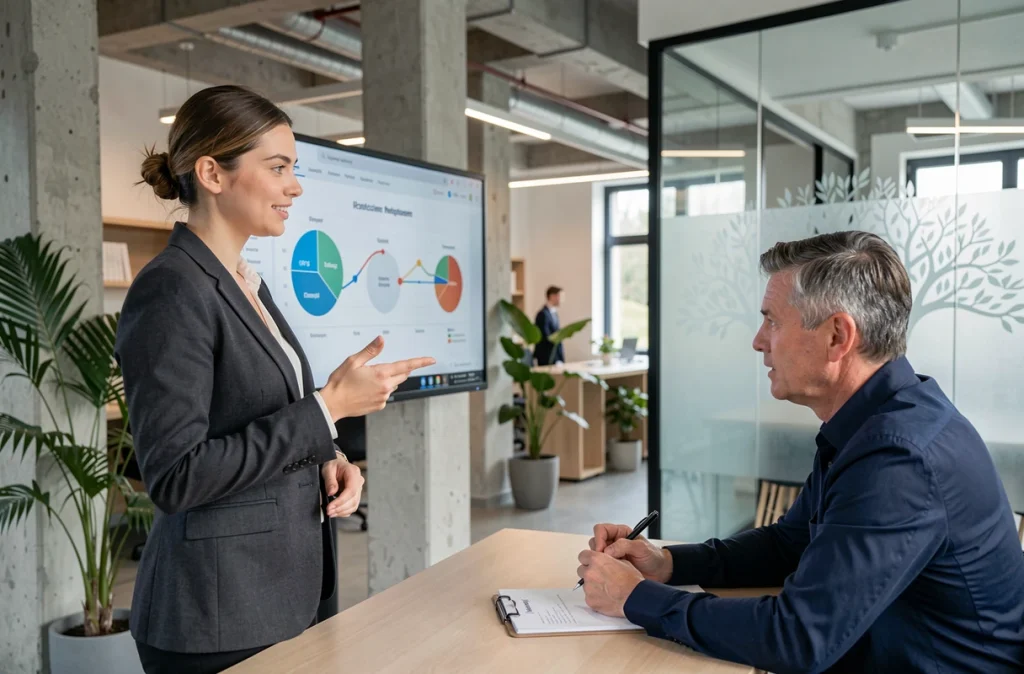 Conseillère de Prosper Conseil à Beauvais présentant une stratégie patrimoniale à un client sur écran numérique