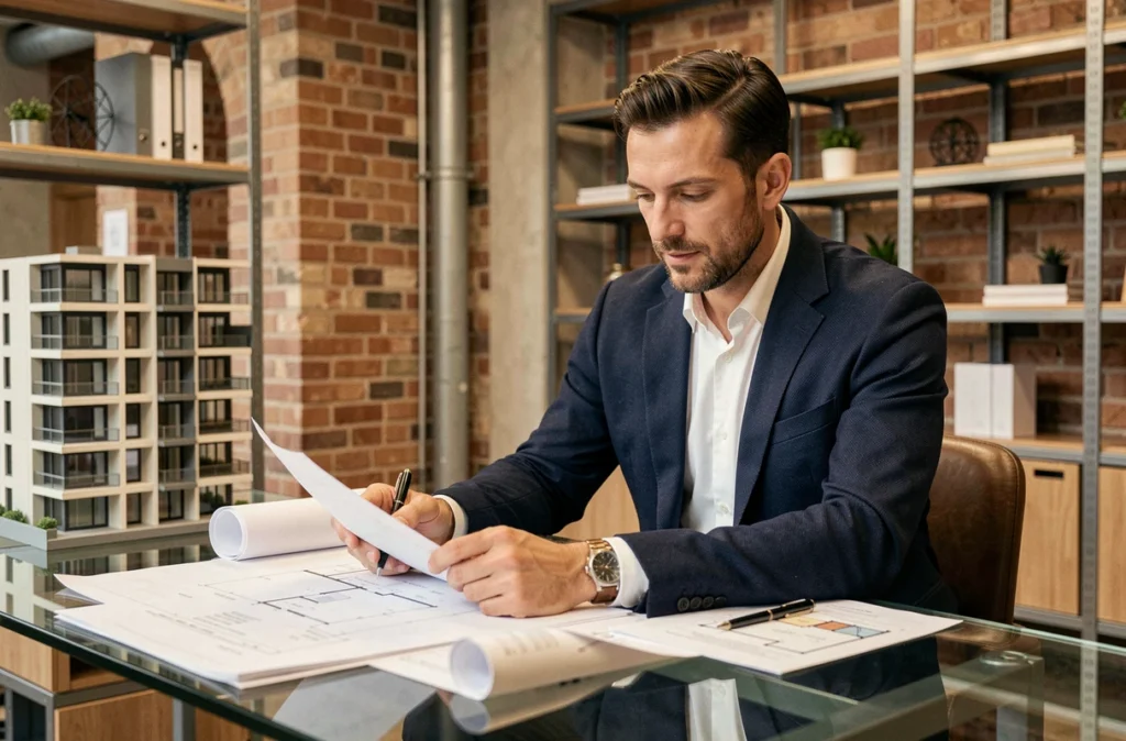 Conseiller en patrimoine immobilier étudiant des plans architecturaux dans un bureau à Lille