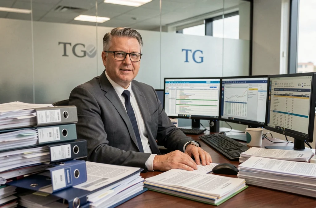Expert-comptable et conseiller TGS France travaillant sur des documents fiscaux et financiers dans un bureau corporate structuré