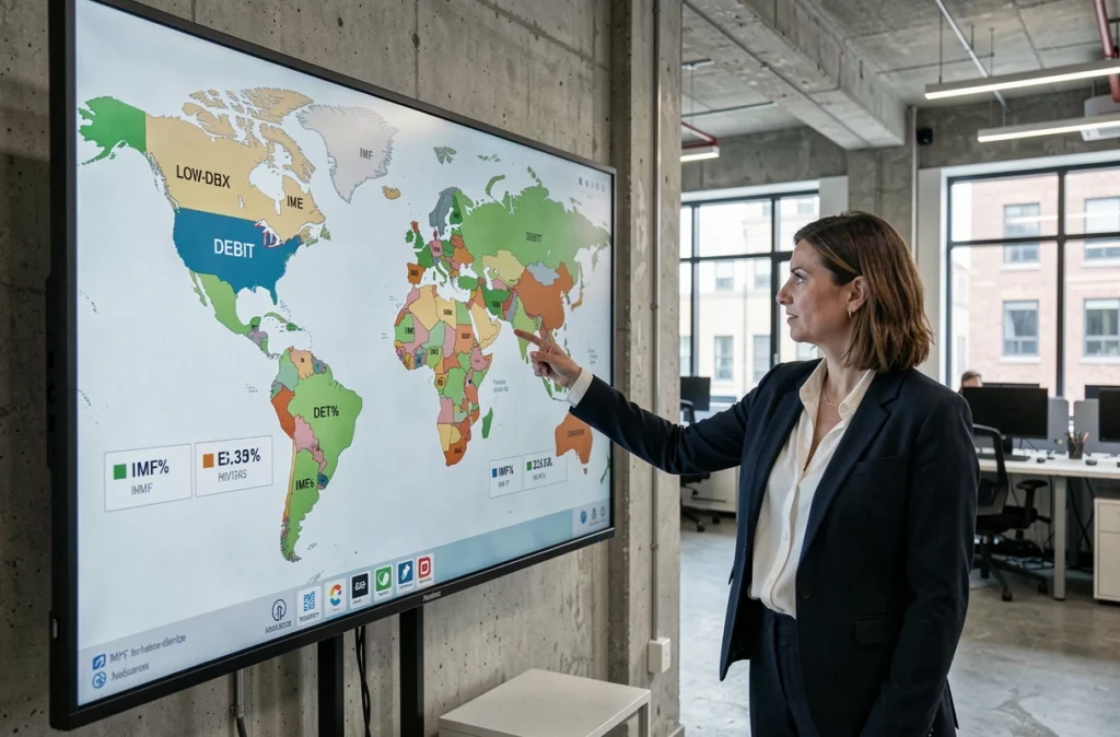 Analyste financière présentant une carte mondiale des pays les moins endettés selon les données FMI