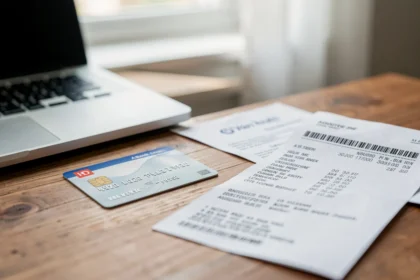 Carte bancaire posée sur un bureau près d'un reçu et d'un ordinateur