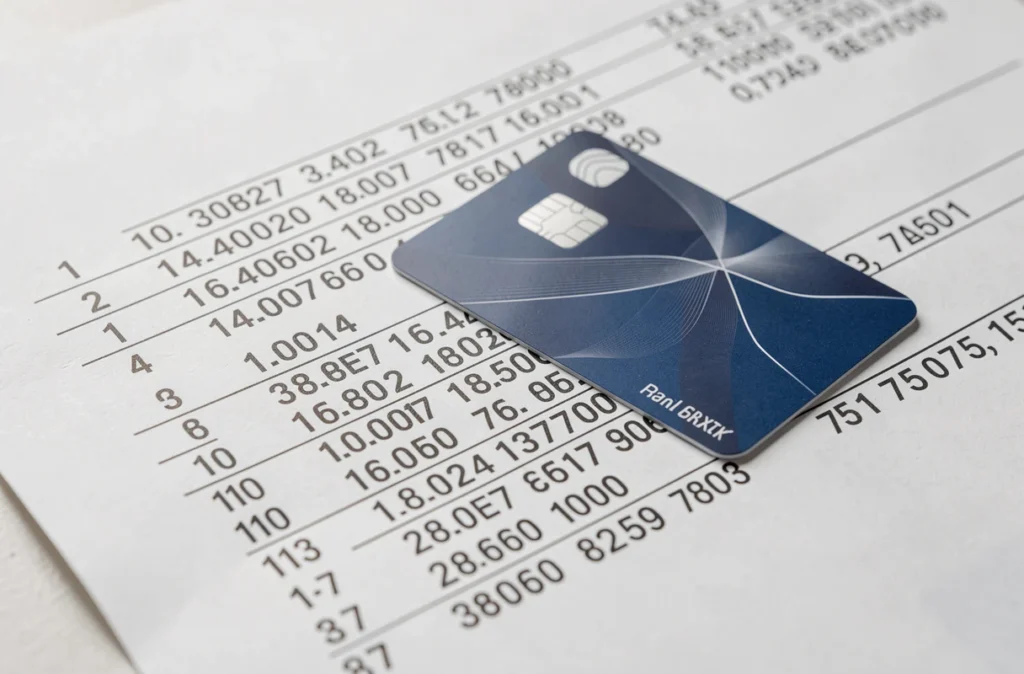 Carte bancaire posée sur un relevé avec une suite de chiffres